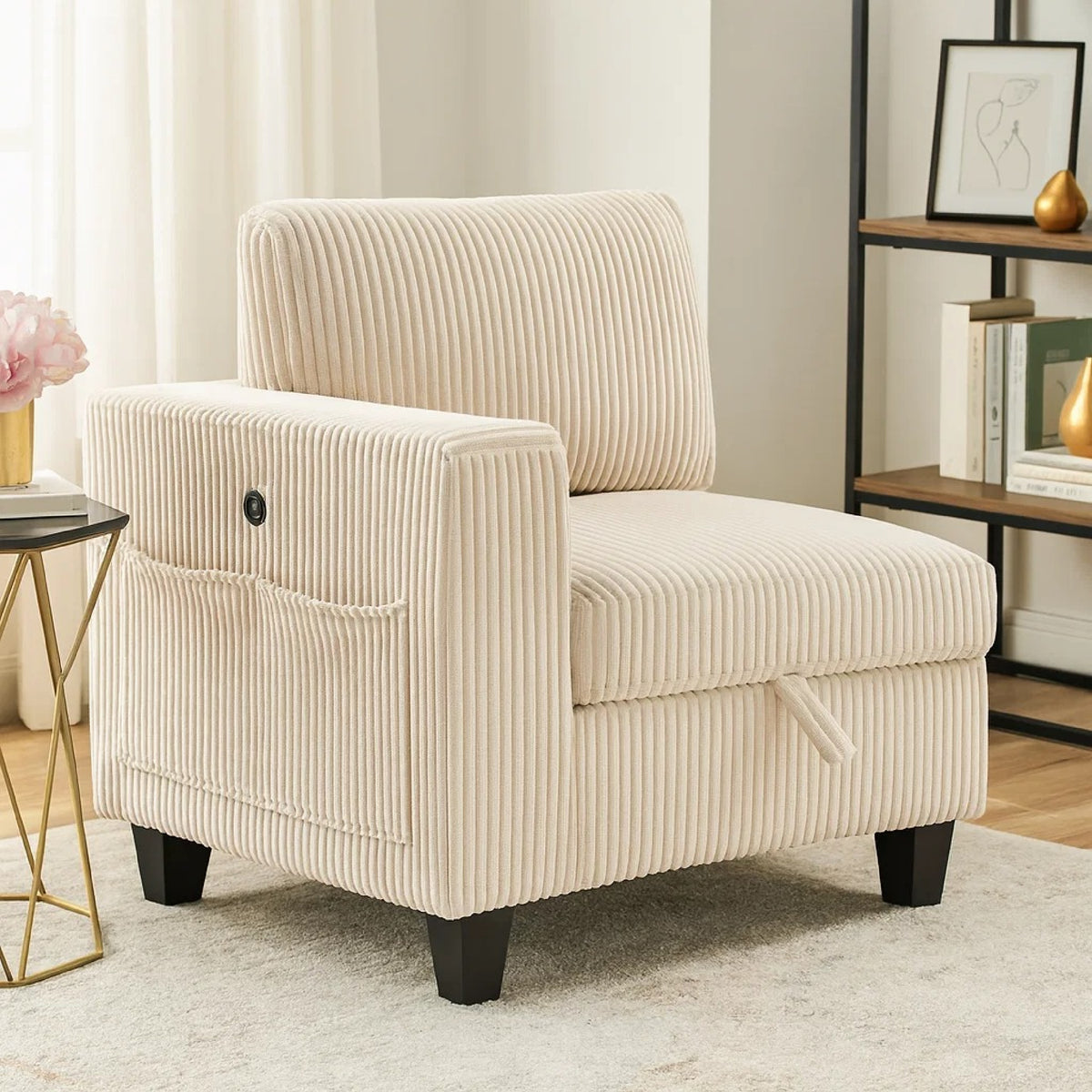 Wely Modular 1 Arm Chair with Lift Storage Seat, USB Ports, Beige Corduroy   - BM347874