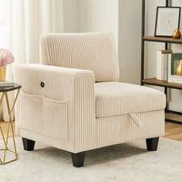 Wely Modular 1 Arm Chair with Lift Storage Seat, USB Ports, Beige Corduroy   - BM347874