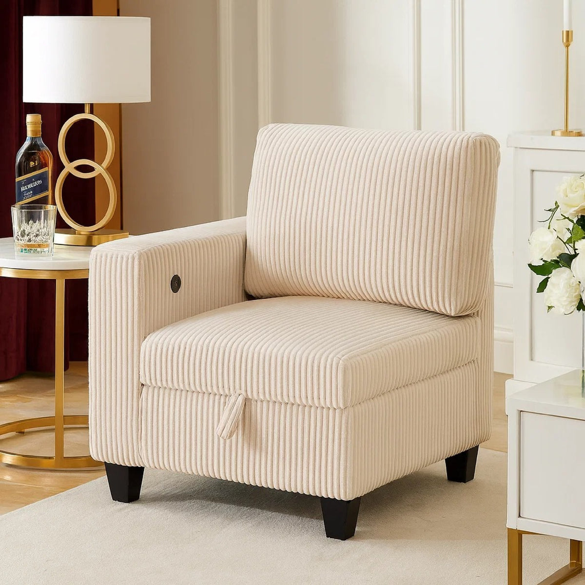 Wely Modular 1 Arm Chair with Lift Storage Seat, USB Ports, Beige Corduroy   - BM347874