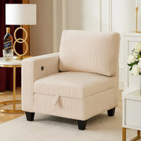 Wely Modular 1 Arm Chair with Lift Storage Seat, USB Ports, Beige Corduroy   - BM347874