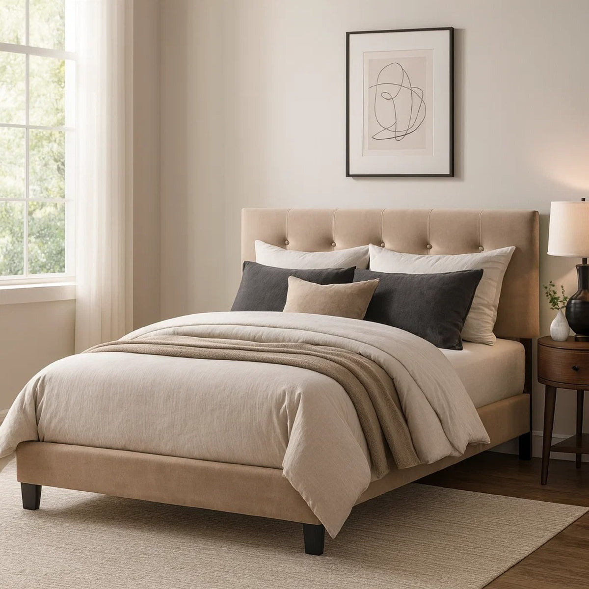 Viki Queen Platform Bed, Button Tufted, Light Brown Velvet Upholstery  - BM347894