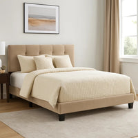 Viki Queen Platform Bed, Button Tufted, Light Brown Velvet Upholstery  - BM347894
