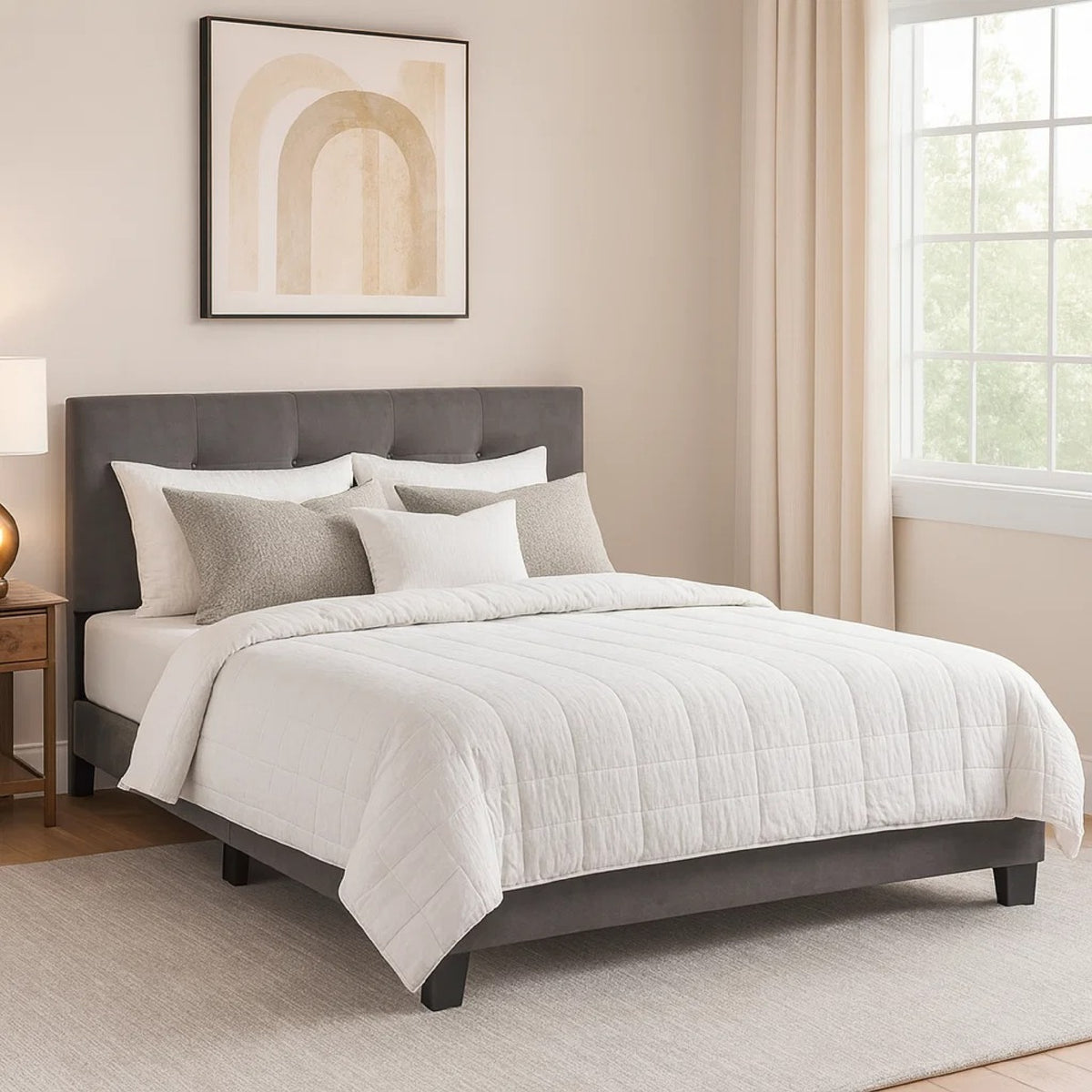 Viki Queen Platform Bed, Button Tufted, Dark Gray Velvet Upholstery  - BM347895