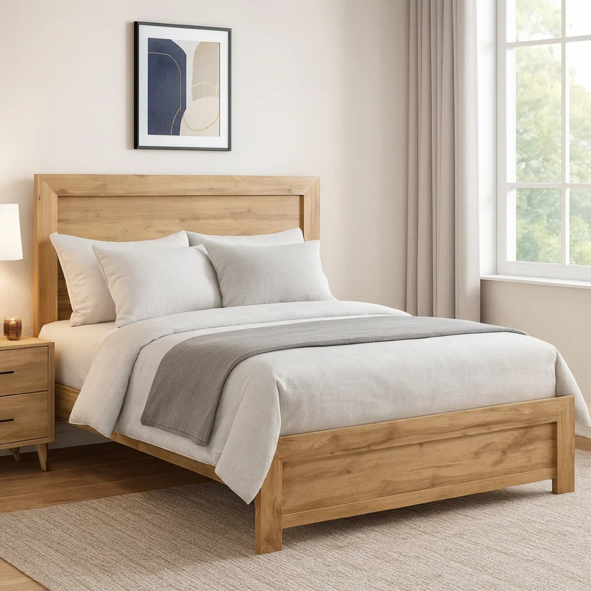 Eby Queen Size Bed, Panel Design, Natural Brown Melamine Laminate  - BM347896