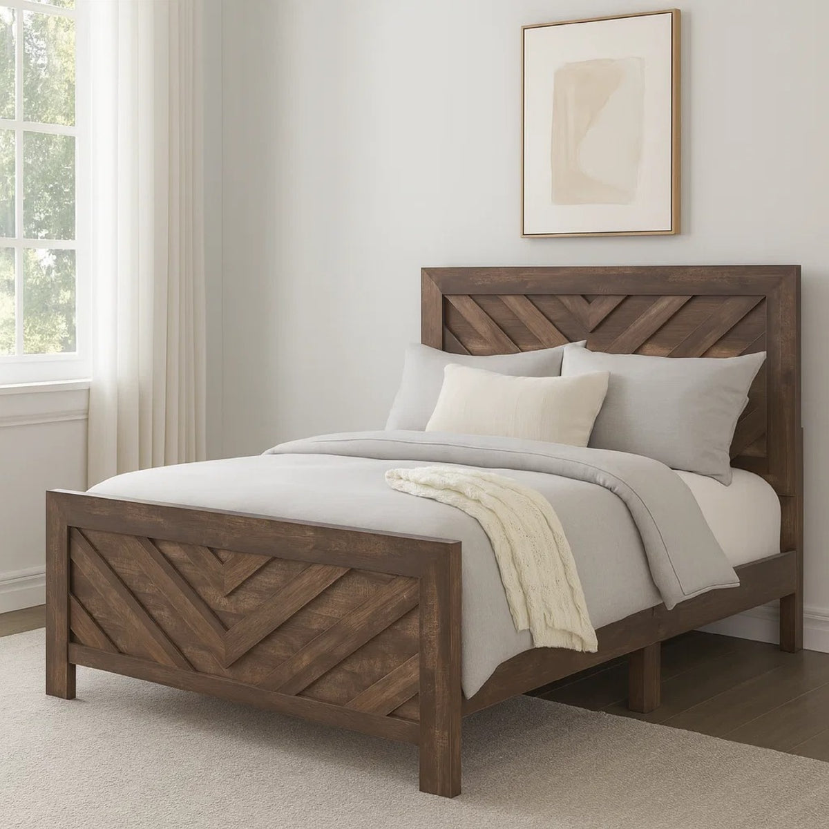 Eby Queen Size Bed, Modern Chevron Panel Design, Veneer Brown  - BM347899