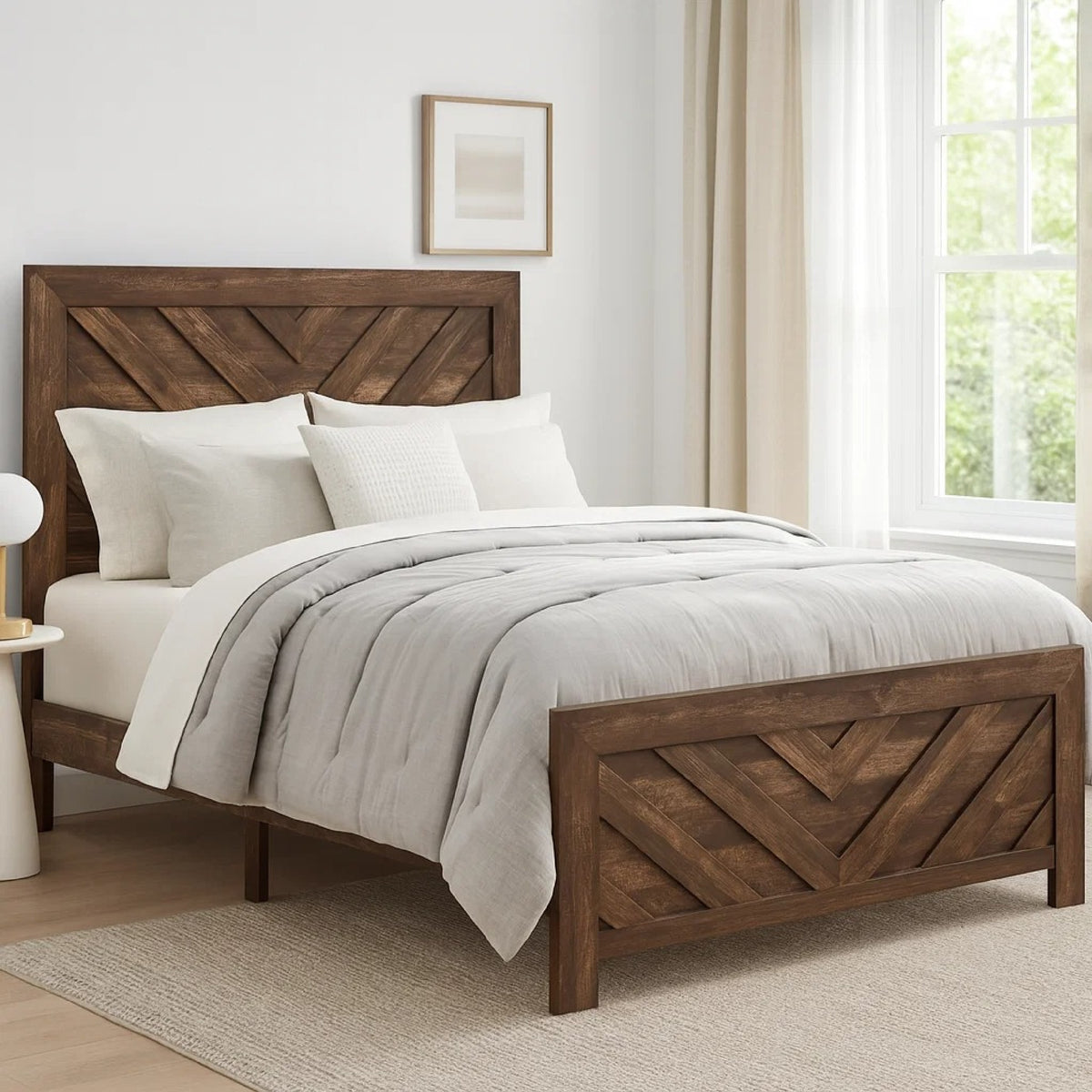 Eby Queen Size Bed, Modern Chevron Panel Design, Veneer Brown  - BM347899