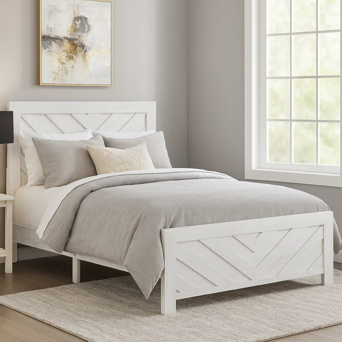 Eby Queen Size Bed, Modern Chevron Panel Design, White Veneer  - BM347904