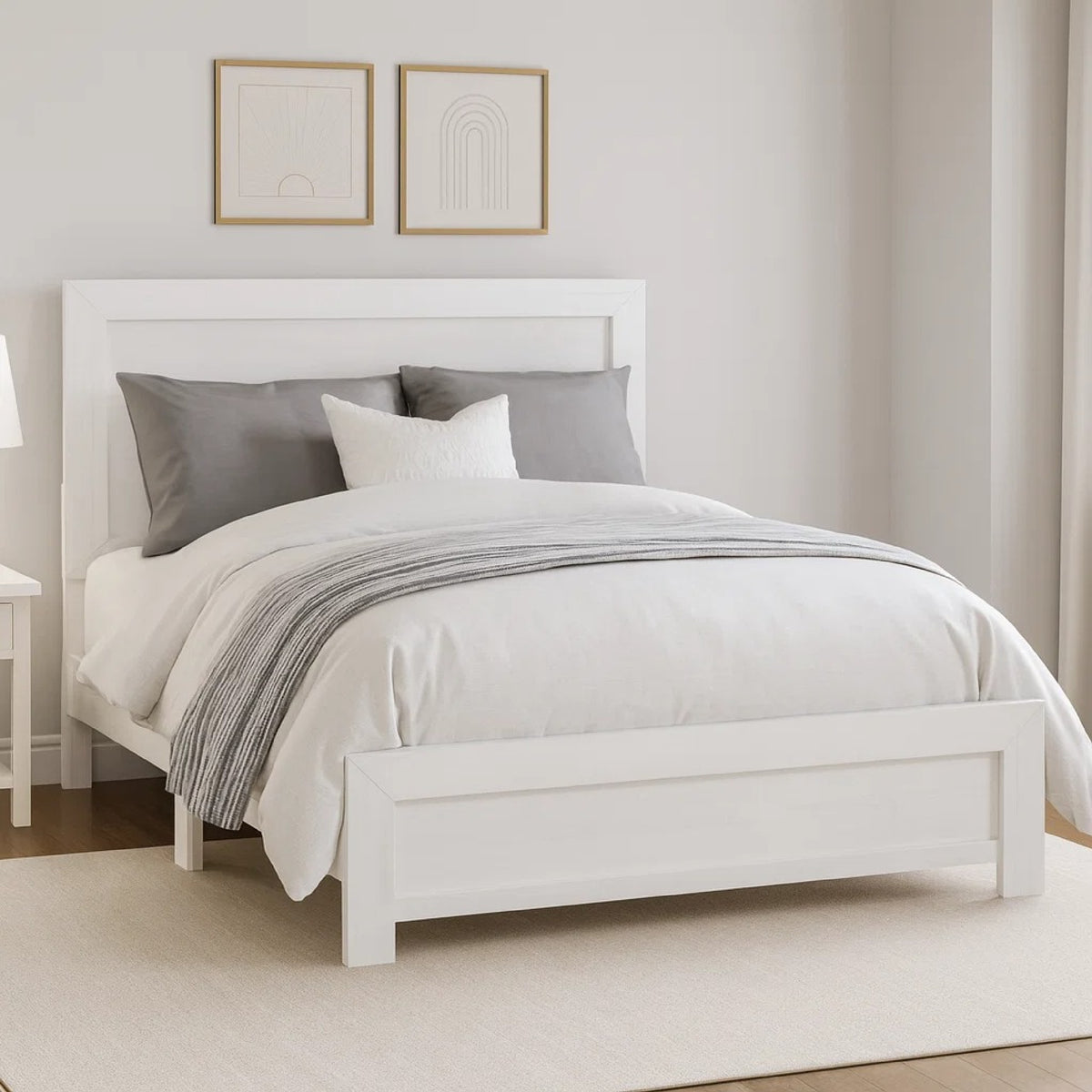 Eby Queen Size Bed, Modern Panel Design, 3D White Veneer and Wood  - BM347907