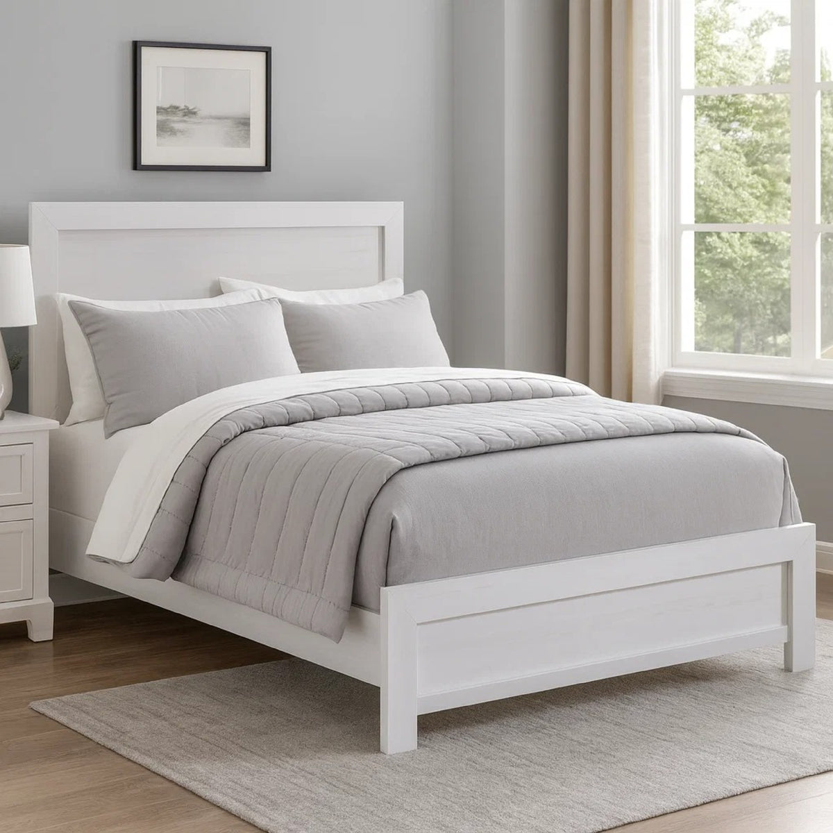 Eby Queen Size Bed, Modern Panel Design, 3D White Veneer and Wood  - BM347907