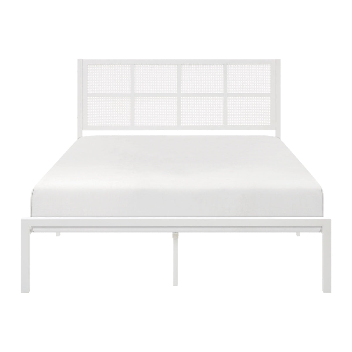Annie Queen Size Platform Bed w Faux Cane Headboard, White Metal  - BM347911
