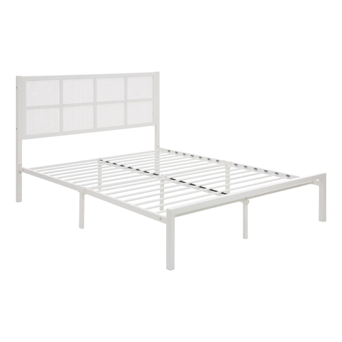 Annie Queen Size Platform Bed w Faux Cane Headboard, White Metal  - BM347911