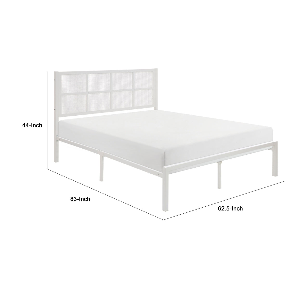 Annie Queen Size Platform Bed w Faux Cane Headboard, White Metal  - BM347911