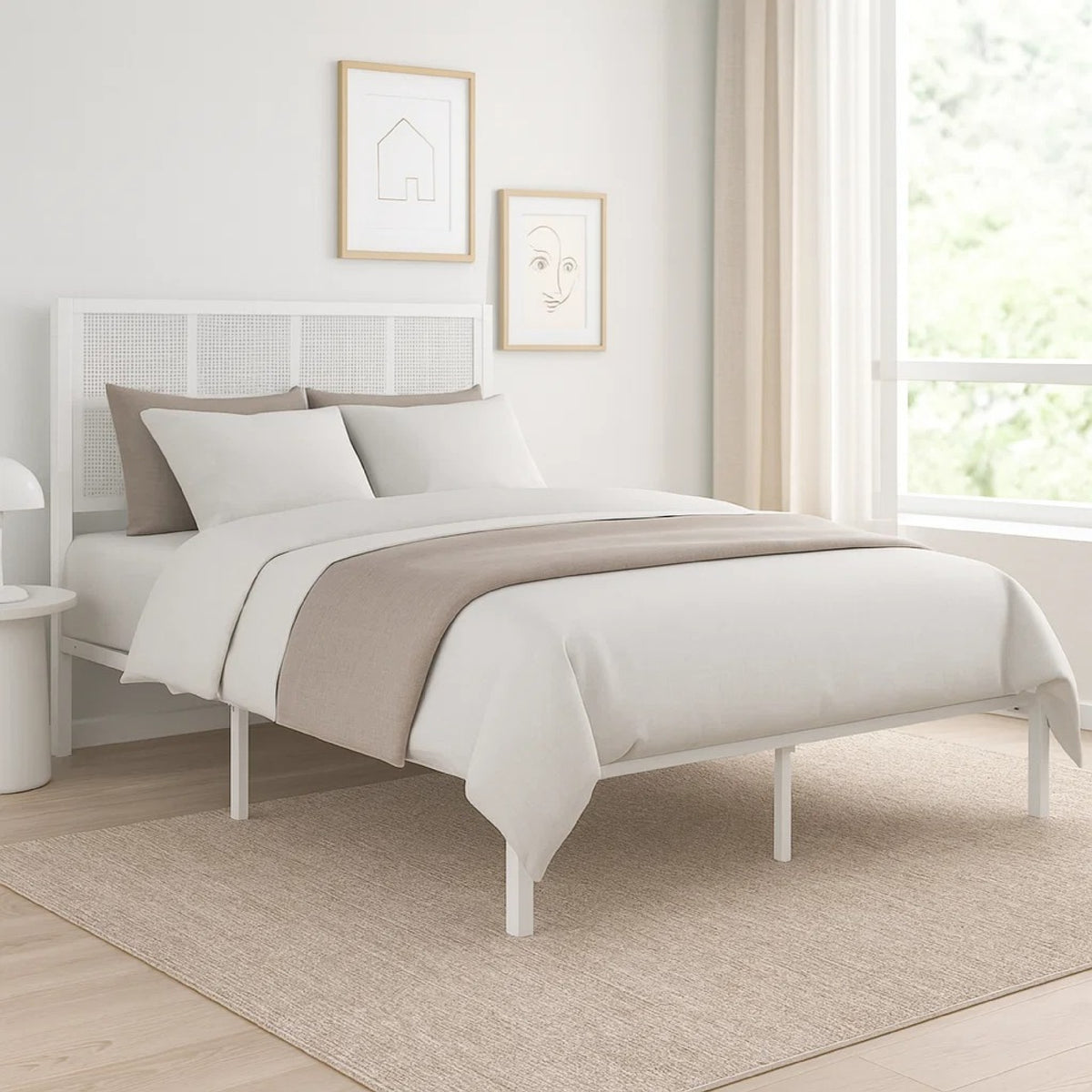 Annie Queen Size Platform Bed w Faux Cane Headboard, White Metal  - BM347911