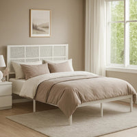 Annie Queen Size Platform Bed w Faux Cane Headboard, White Metal  - BM347911