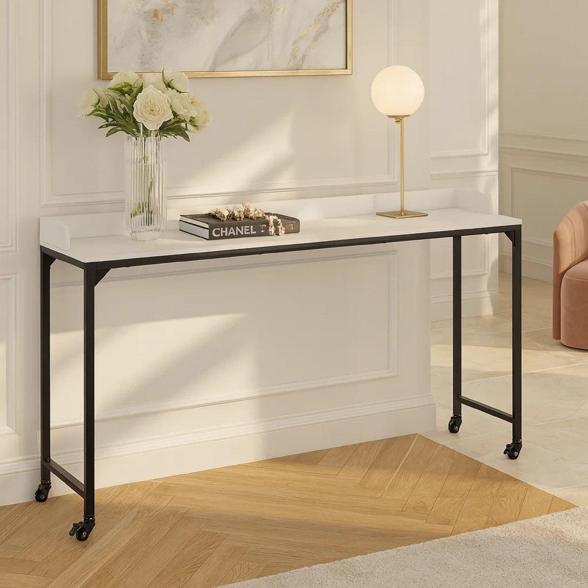 Sem Bed Desk, 72 Inch White Top w Adjustable Height, Black Metal Legs  - BM347920