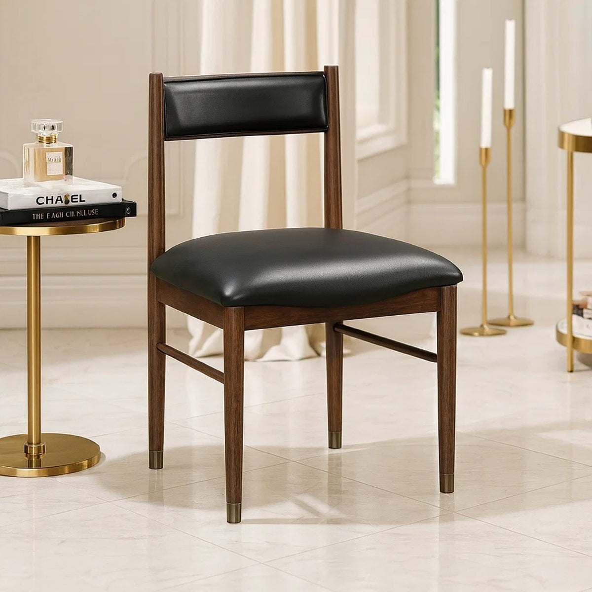 Coly Dining Side Chair Set of 2, Black Leather Seat and Back, Brown  - BM347922