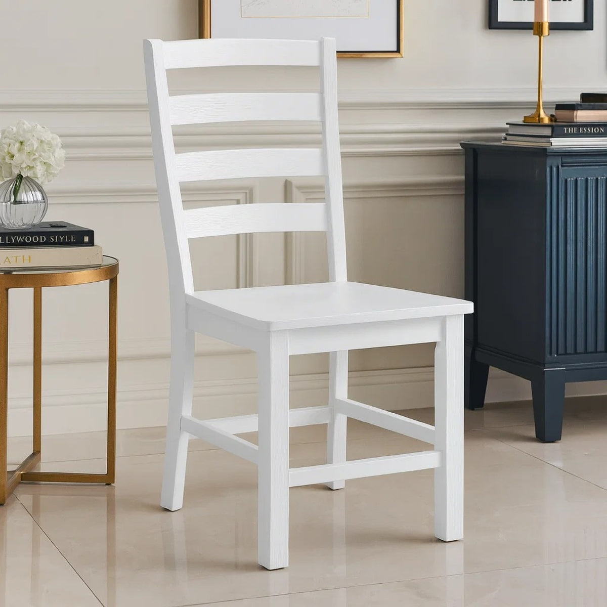 Reddy Dining Side Chair Set of 2, White Ladderback Design w Plank Seat  - BM347927