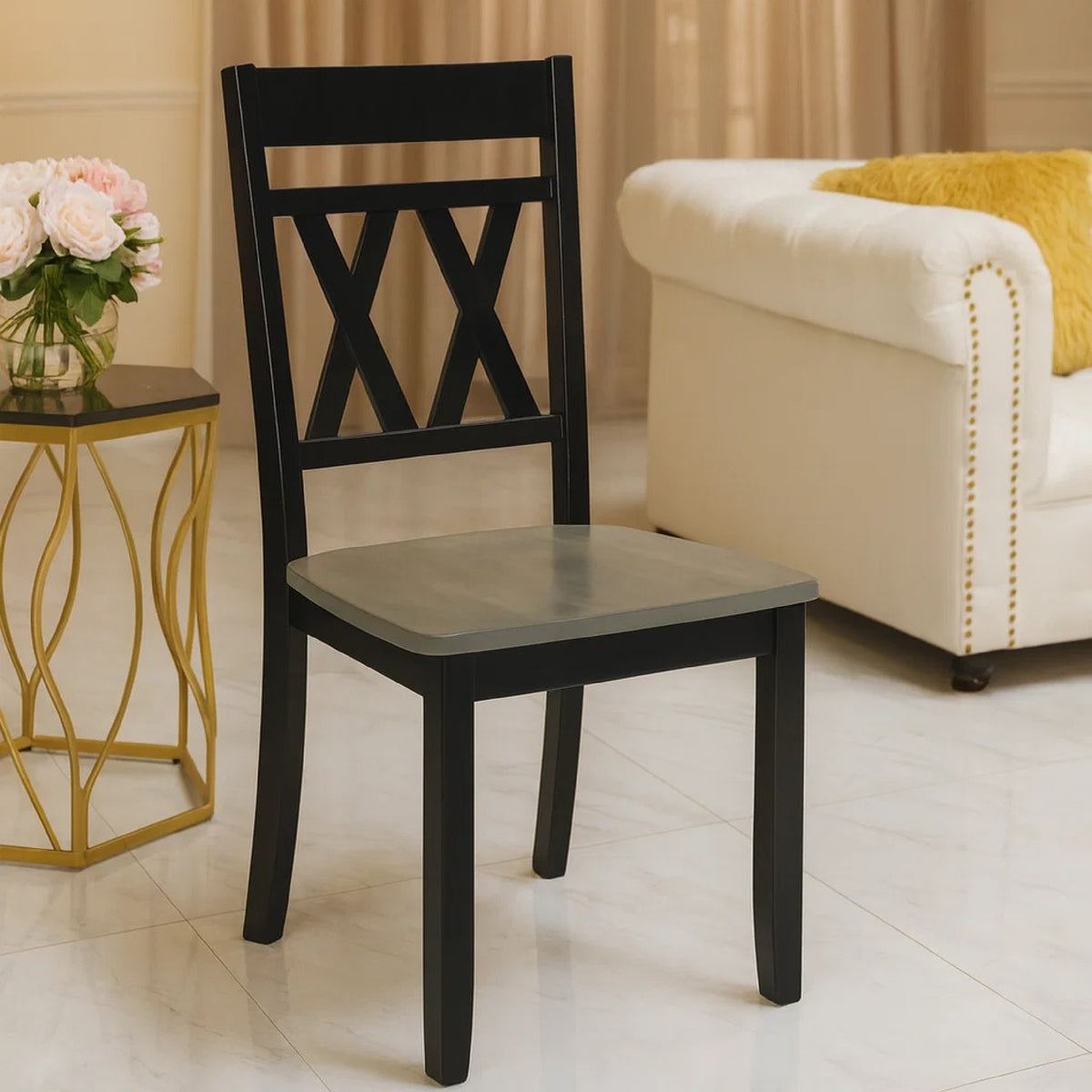 Oma Dining Side Chair Set of 2, Black Farmhouse Cross Design, Graywash Seat  - BM347930