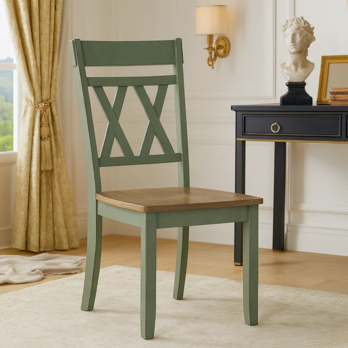 Oma Dining Side Chair Set of 2, Teal Green Farmhouse Cross Back, Gray Seat  - BM347931