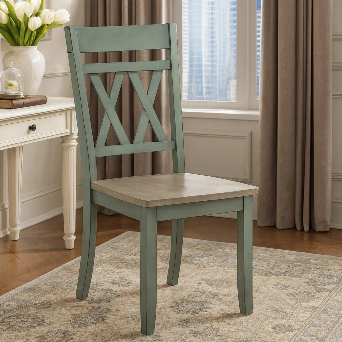 Oma Dining Side Chair Set of 2, Teal Green Farmhouse Cross Back, Gray Seat  - BM347931