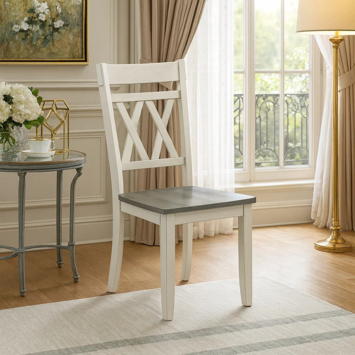 Oma Dining Side Chair Set of 2, Antique White Farmhouse Back, Gray Seat  - BM347932