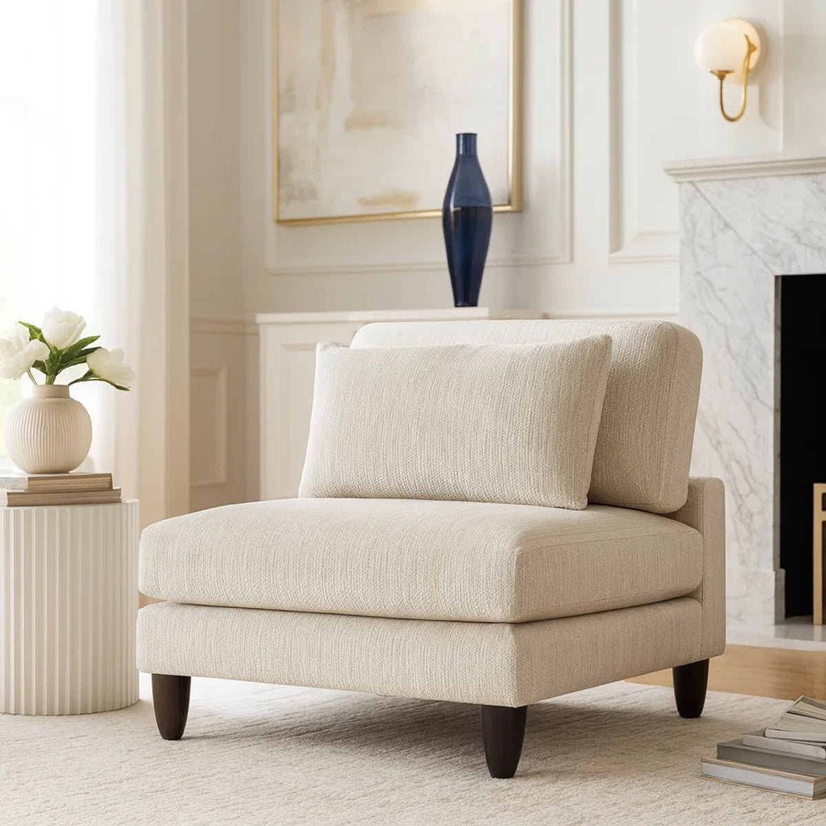 Mear Armless Chair, Beige Microfiber, Lumbar Pillow, Black Wood Legs  - BM347934