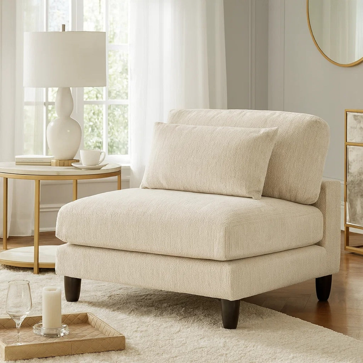 Mear Armless Chair, Beige Microfiber, Lumbar Pillow, Black Wood Legs  - BM347934