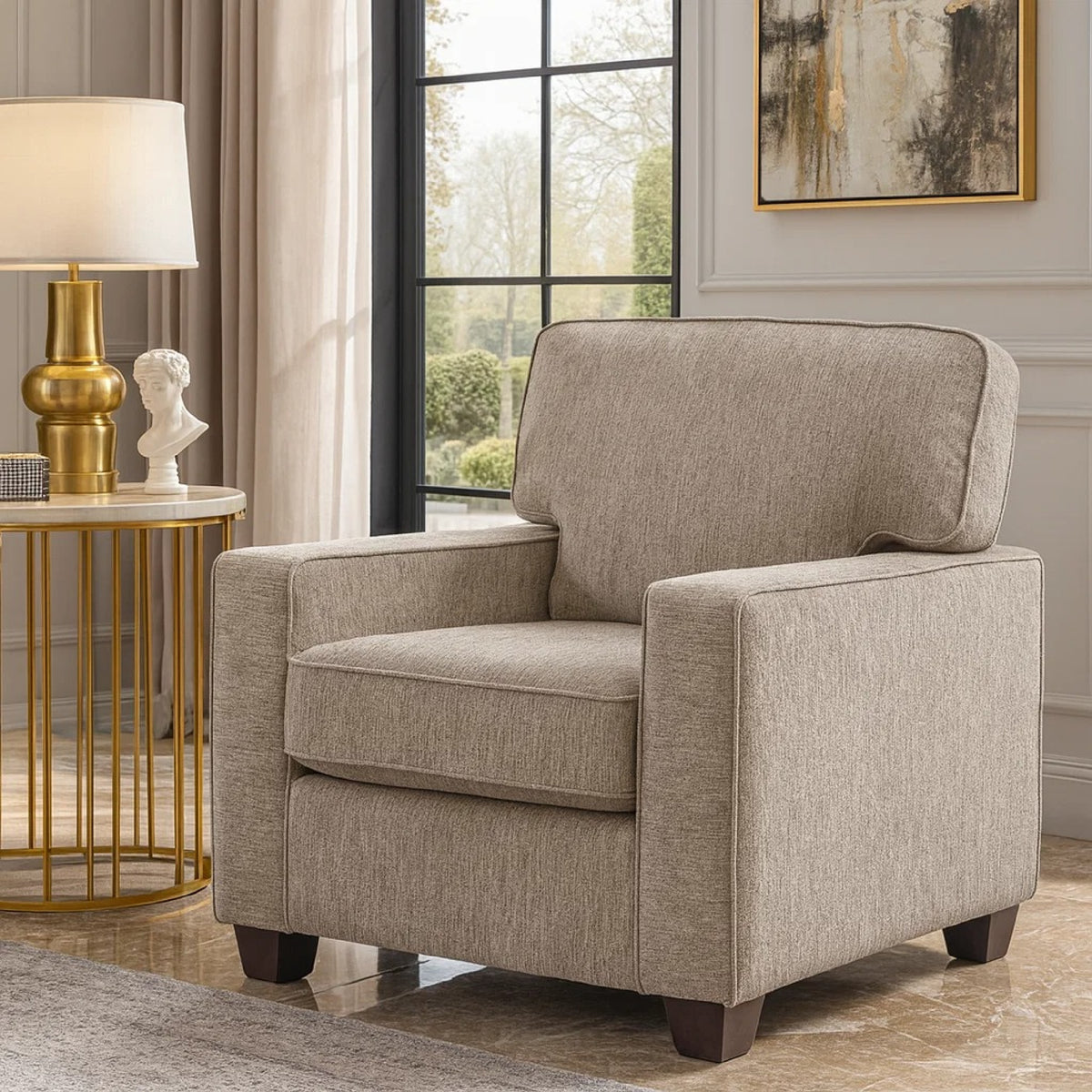 Kaia Accent Armchair, Taupe Gray Chenille, Track Arms, Black Wood Legs  - BM347937