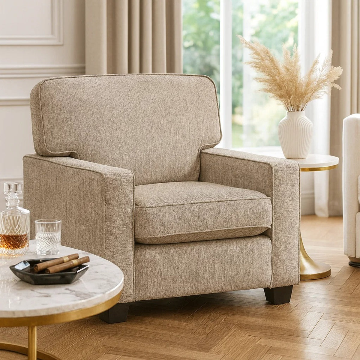 Kaia Accent Armchair, Taupe Gray Chenille, Track Arms, Black Wood Legs  - BM347937