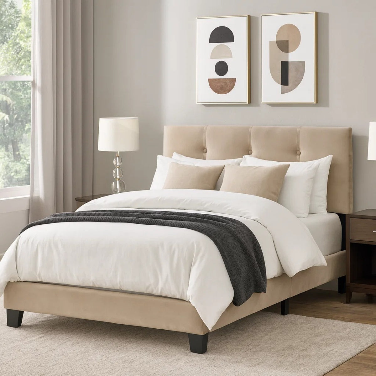 Viki Full Platform Bed, Button Tufted, Light Brown Velvet Upholstery  - BM347941
