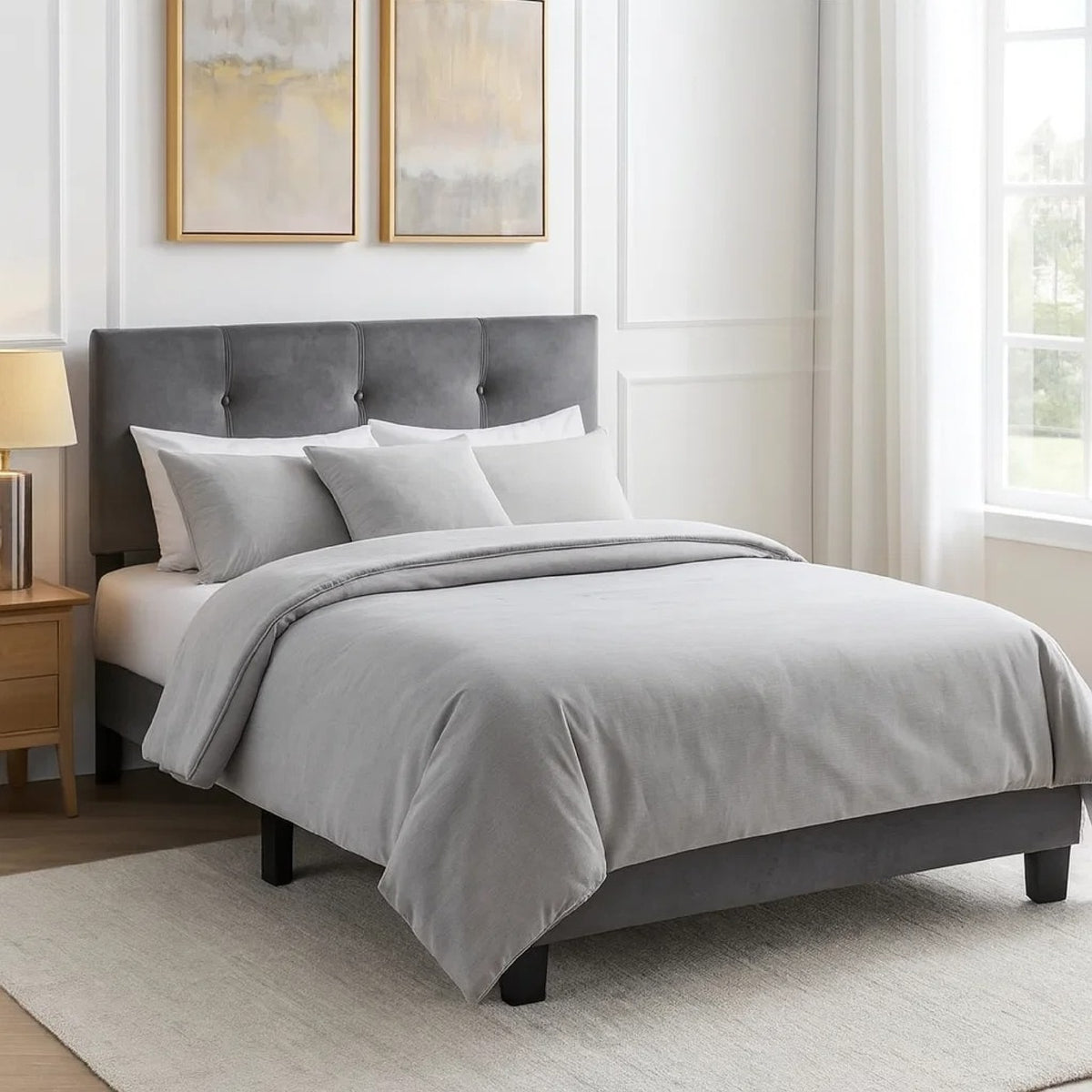 Viki Low Profile Full Platform Bed, Button Tufted, Gray Velvet Upholstery  - BM347942