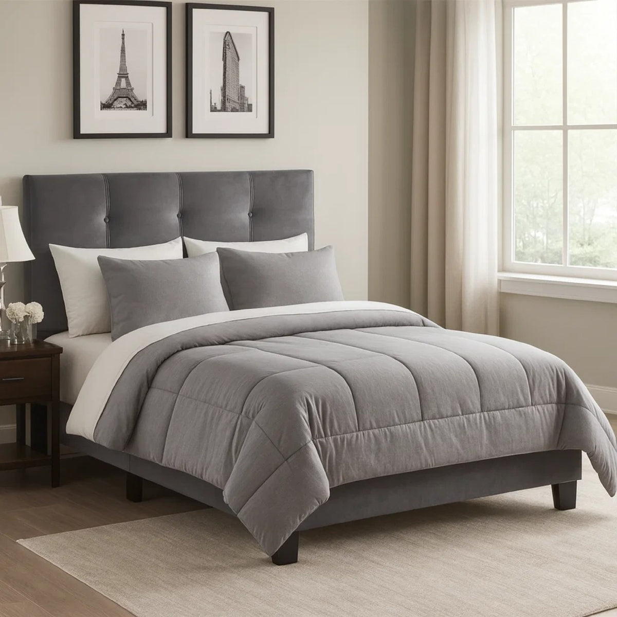 Viki Low Profile Full Platform Bed, Button Tufted, Gray Velvet Upholstery  - BM347942
