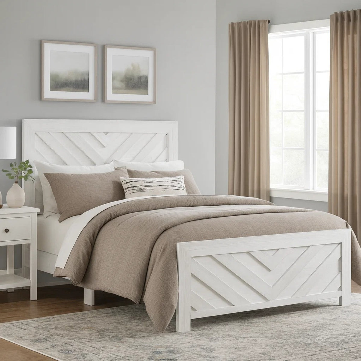 Eby Full Size Bed, Farmhouse Chevron Panel Design, Paper Veneer, White  - BM347945