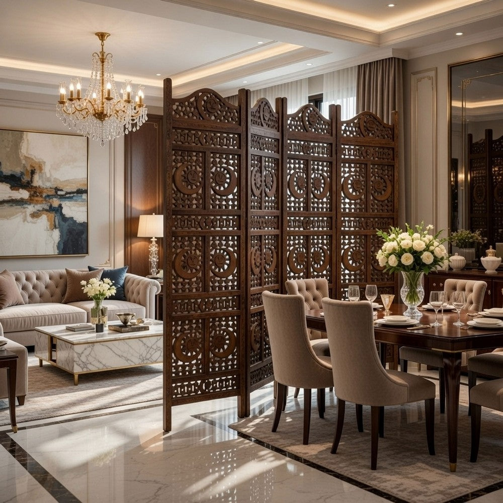 71 Inch 4 Panel Mango Wood Room Divider, Hand Carved, Sun & Moon Design, Brown - BM34821