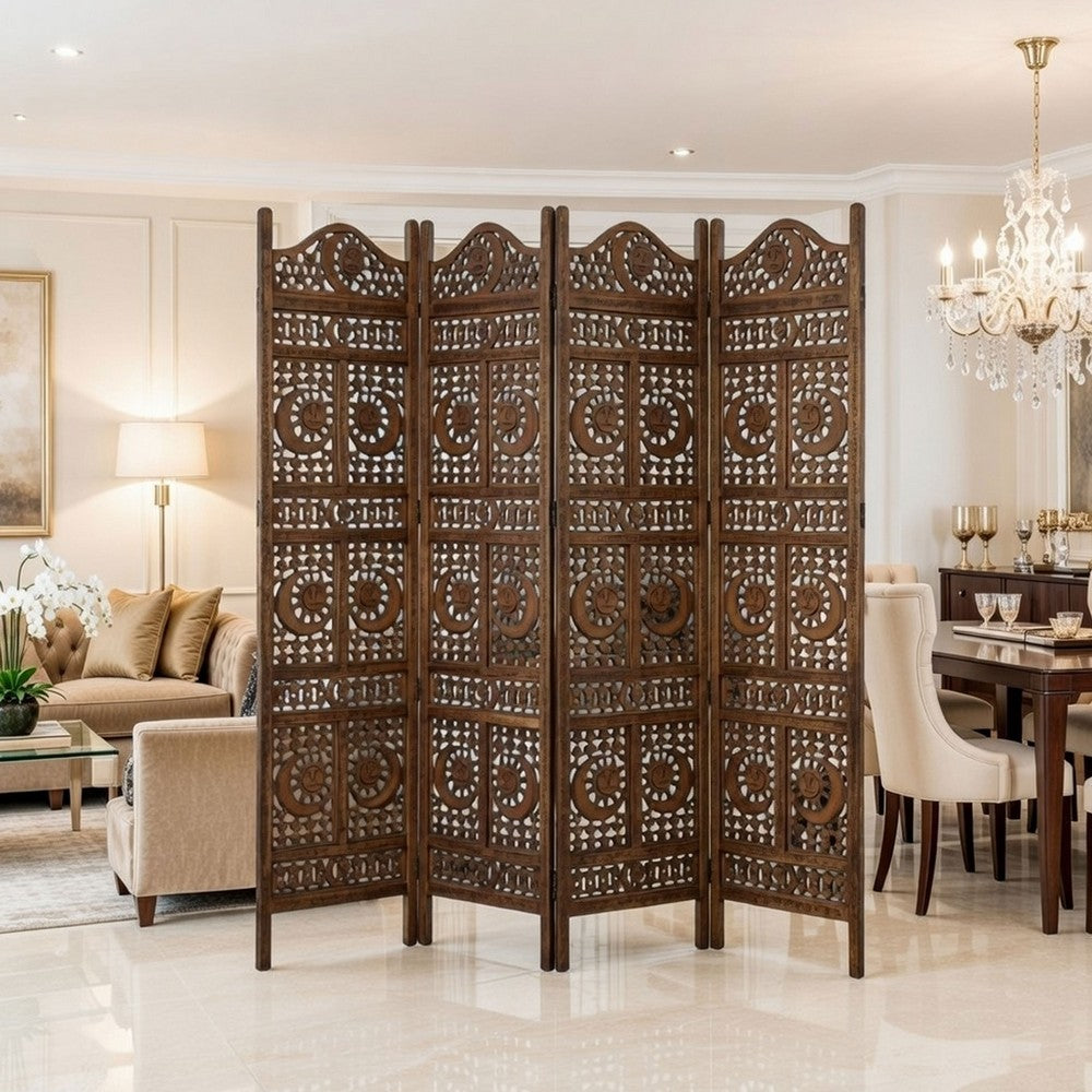 71 Inch 4 Panel Mango Wood Room Divider, Hand Carved, Sun & Moon Design, Brown - BM34821