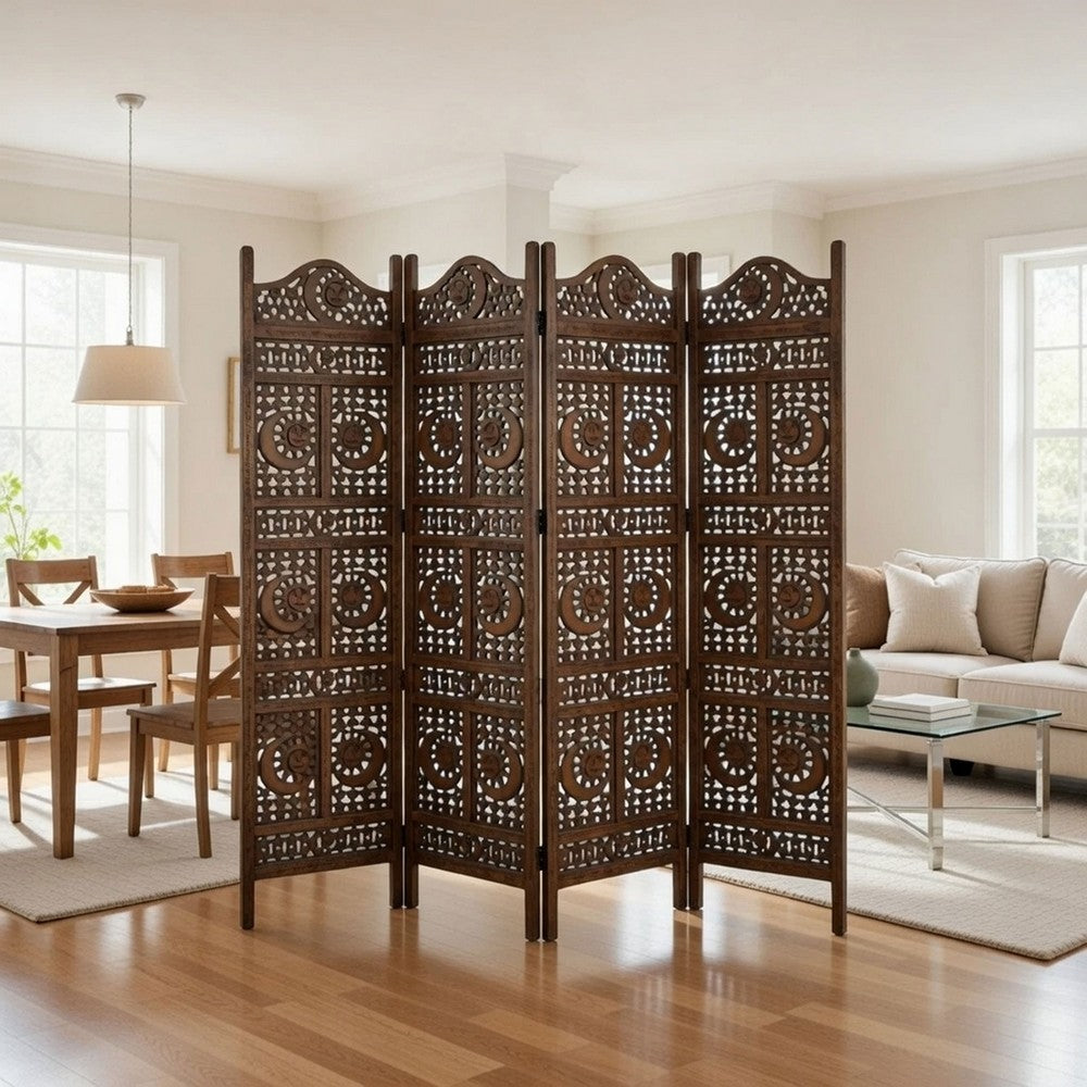 71 Inch 4 Panel Mango Wood Room Divider, Hand Carved, Sun & Moon Design, Brown - BM34821