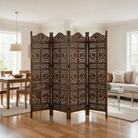 71 Inch 4 Panel Mango Wood Room Divider, Hand Carved, Sun & Moon Design, Brown - BM34821