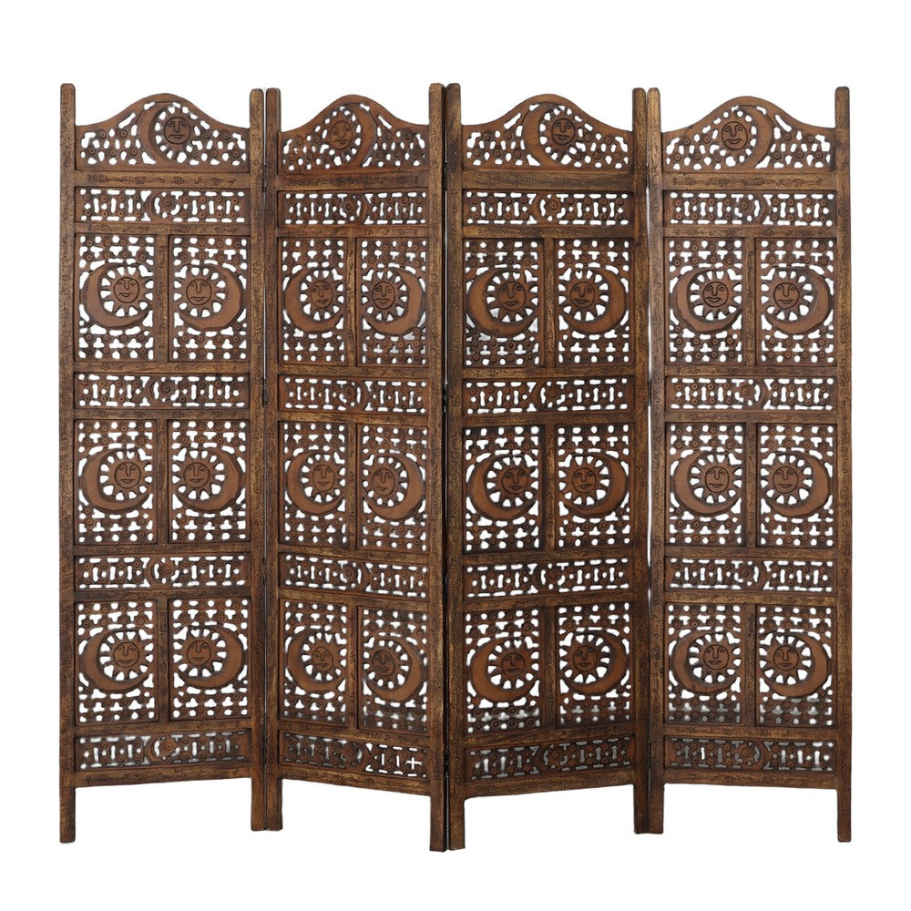 71 Inch 4 Panel Mango Wood Room Divider, Hand Carved, Sun & Moon Design, Brown - BM34821