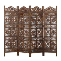 71 Inch 4 Panel Mango Wood Room Divider, Hand Carved, Sun & Moon Design, Brown - BM34821
