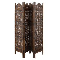 71 Inch 4 Panel Mango Wood Room Divider, Hand Carved, Sun & Moon Design, Brown - BM34821