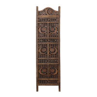71 Inch 4 Panel Mango Wood Room Divider, Hand Carved, Sun & Moon Design, Brown - BM34821