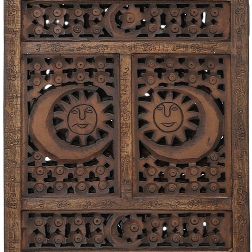 71 Inch 4 Panel Mango Wood Room Divider, Hand Carved, Sun & Moon Design, Brown - BM34821