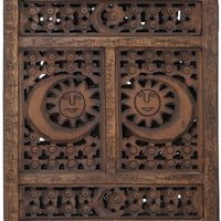 71 Inch 4 Panel Mango Wood Room Divider, Hand Carved, Sun & Moon Design, Brown - BM34821