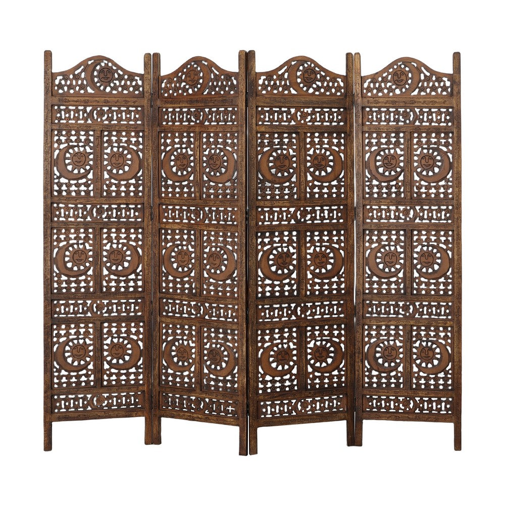 71 Inch 4 Panel Mango Wood Room Divider, Hand Carved, Sun & Moon Design, Brown - BM34821