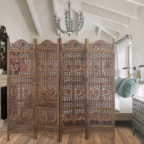 71 Inch 4 Panel Mango Wood Room Divider, Hand Carved, Sun & Moon Design, Brown - BM34821