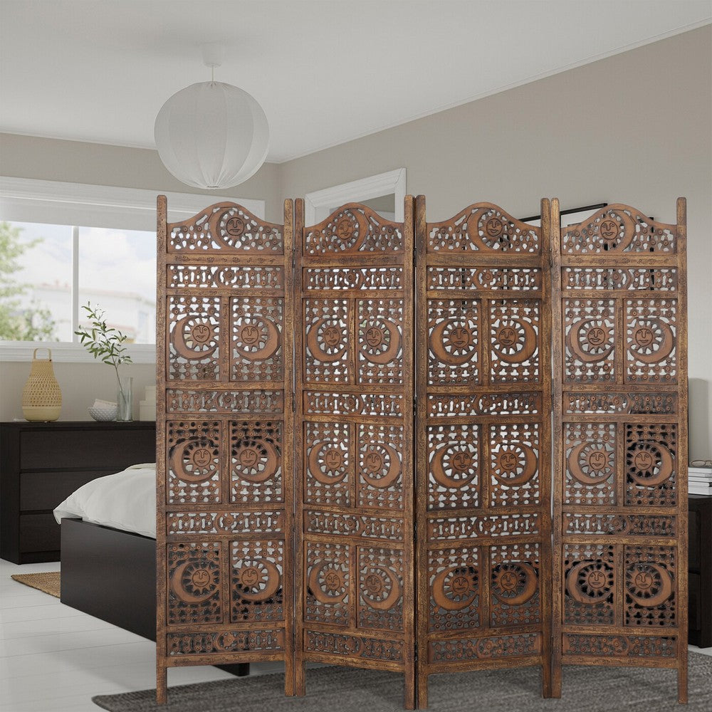 71 Inch 4 Panel Mango Wood Room Divider, Hand Carved, Sun & Moon Design, Brown - BM34821
