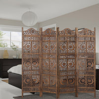 71 Inch 4 Panel Mango Wood Room Divider, Hand Carved, Sun & Moon Design, Brown - BM34821