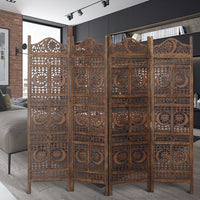 71 Inch 4 Panel Mango Wood Room Divider, Hand Carved, Sun & Moon Design, Brown - BM34821