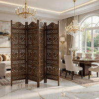 71 Inch 4 Panel Mango Wood Room Divider, Hand Carved, Sun & Moon Design, Brown - BM34821