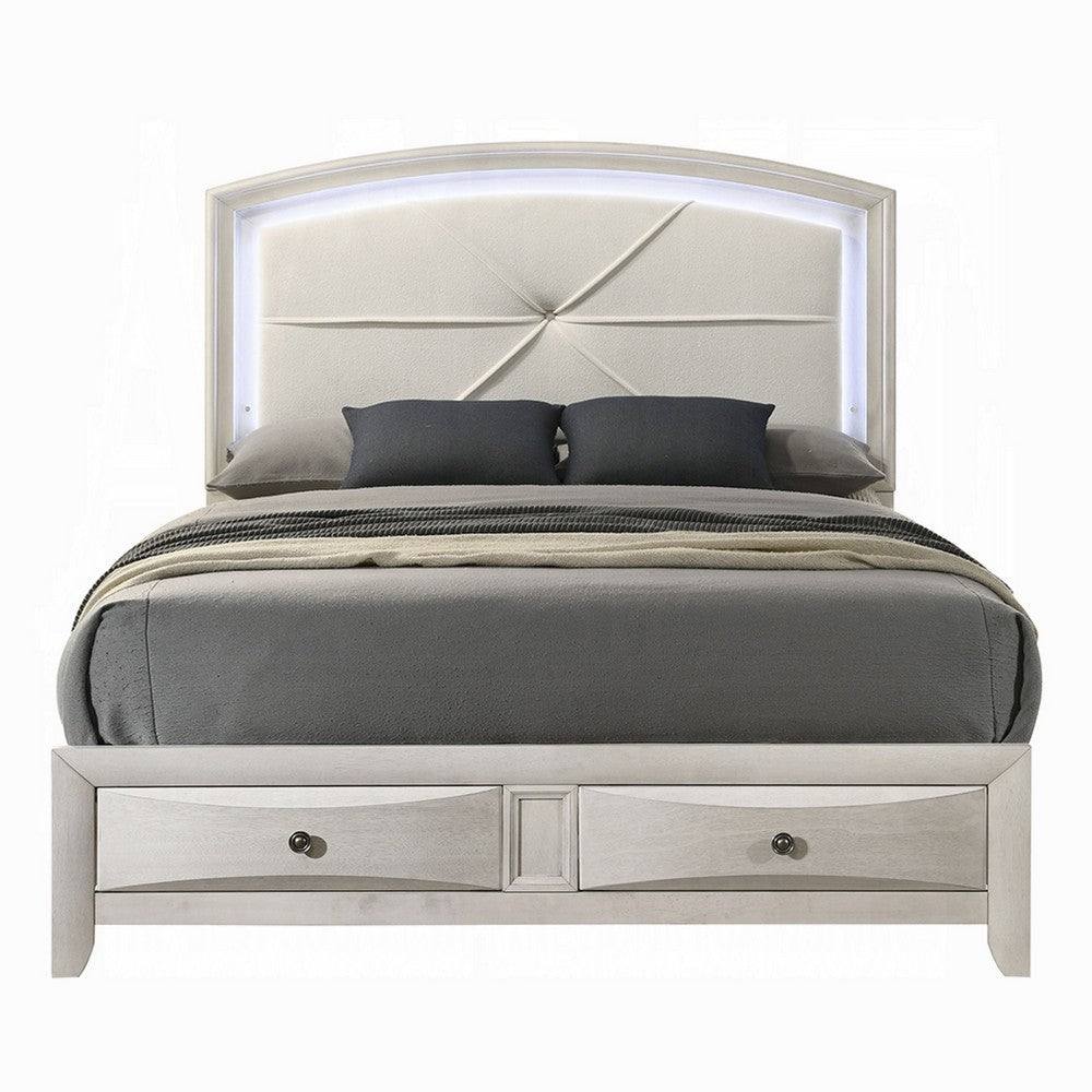 Remy Queen Size Bed with LED Headboard, 2 Bottom Drawers, Antique White - BM348307